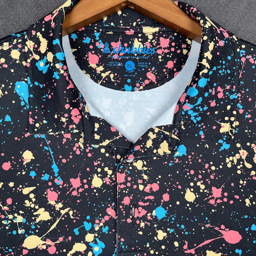 Chubbies The Paint Drips Performance Polo Shirt Men XL Black Neon Paint Splatter